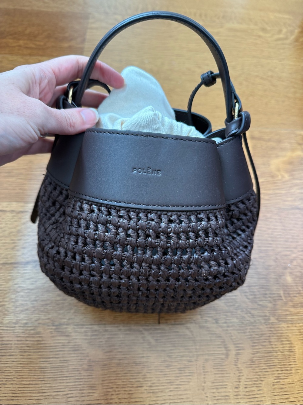 Polene Tsubi Raffia Ebony Brown Woven Leather Bucket Bag Purse NWT